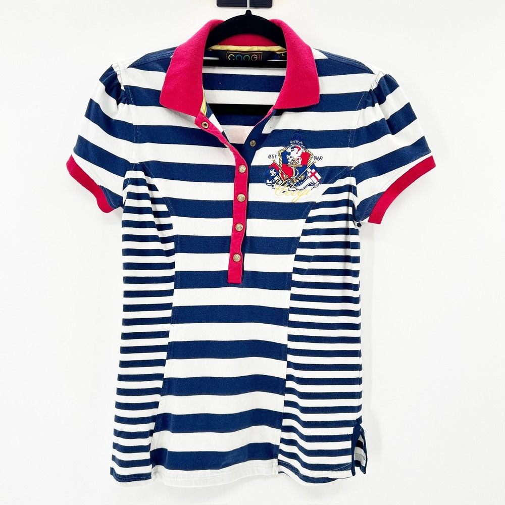 Coogi Womens Striped Polo Shirt Navy Pink Nautical Crest Logo Size Large